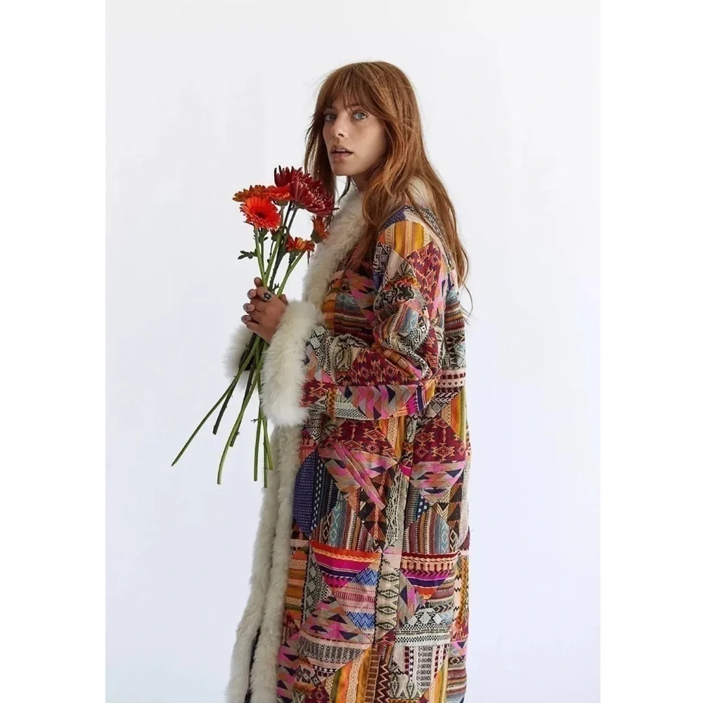 Free People Caravan Patchwork Shearling Trim Coat Medium NWOT